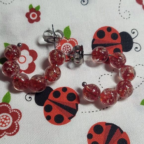 Red Murano Style J Hoop Earrings - Picture 5 of 6